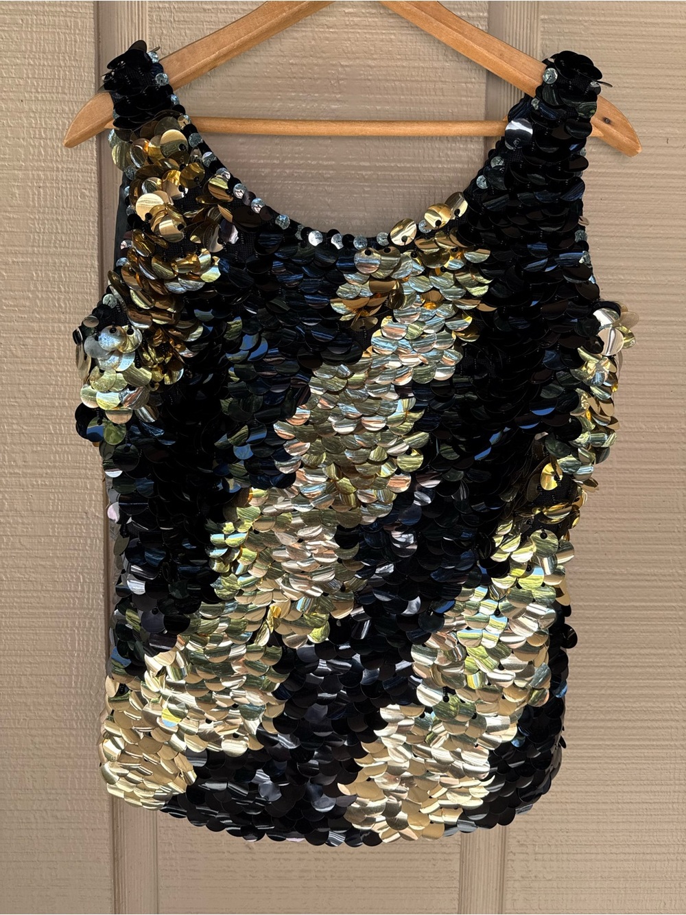 60s Vintage Sequin Disc Beaded Top Blouse Black Gold Stripe Go Go Shimmy M